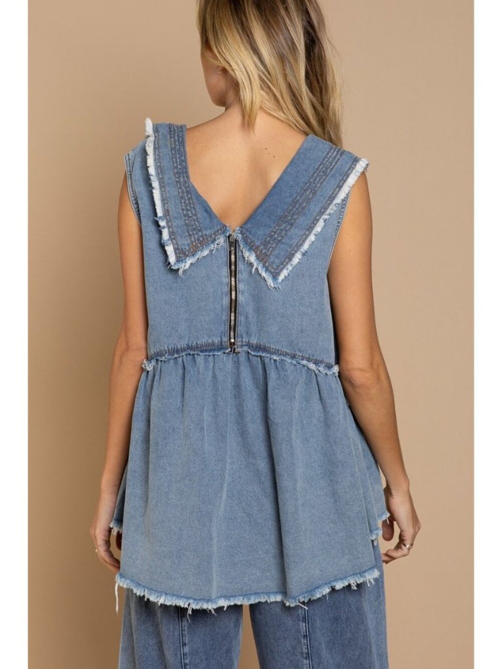 POL FWT134 Plus Sizes Denim Blue Babydoll Tank NWT Sleeveless V Neck Boho Top - Picture 3 of 5